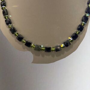 Elegant Black and Green Beaded Collar Necklace - 20 inches